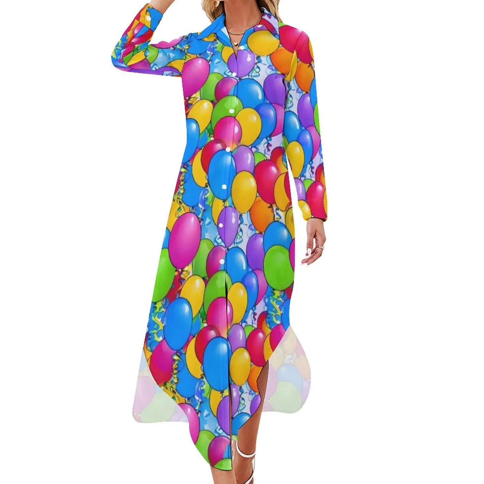 Birthday Balloon Pattern Long Sleeved Shirt Dress Woman clothing Aesthetic clothing Casual dresses