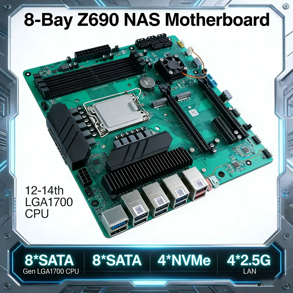 

Материнская плата Mini ITX для NAS с 8 отсеками (LGA1700, 12-го/13-го/14-го поколений) Настольный процессор (4*2.5G LAN, 4*NVMe, HDMI, DP, 2*Display) для материнской платы ПК