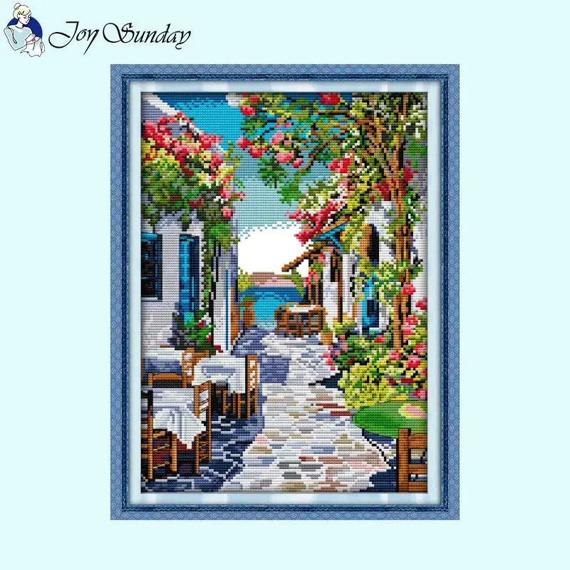 Flower Street Scenic Cross Stitch Aida 14CT Count 16CT 11CT Stamped Canvas Fabric DIY Hand Embroidery Sewing Kit Home Decor Gift