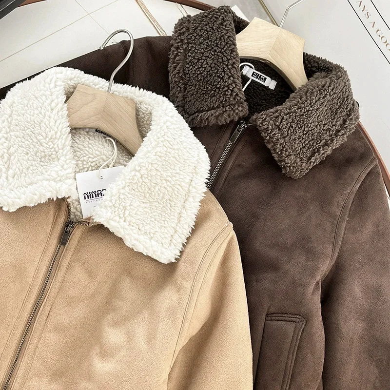 

2025 Autumn Winter Berber Fleece Coat Women's Suede Short Jacket Windproof Thicken Warm Loose Casual Overcoat Lady Streetwear