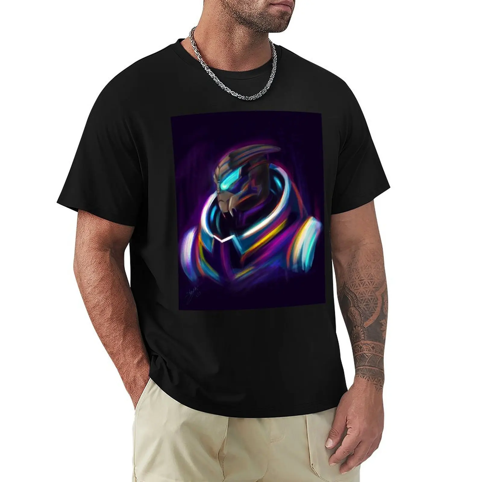 NEON Garrus Vakarian Fan Art T-Shirt Trendy Casual Short Sleeve Shirt