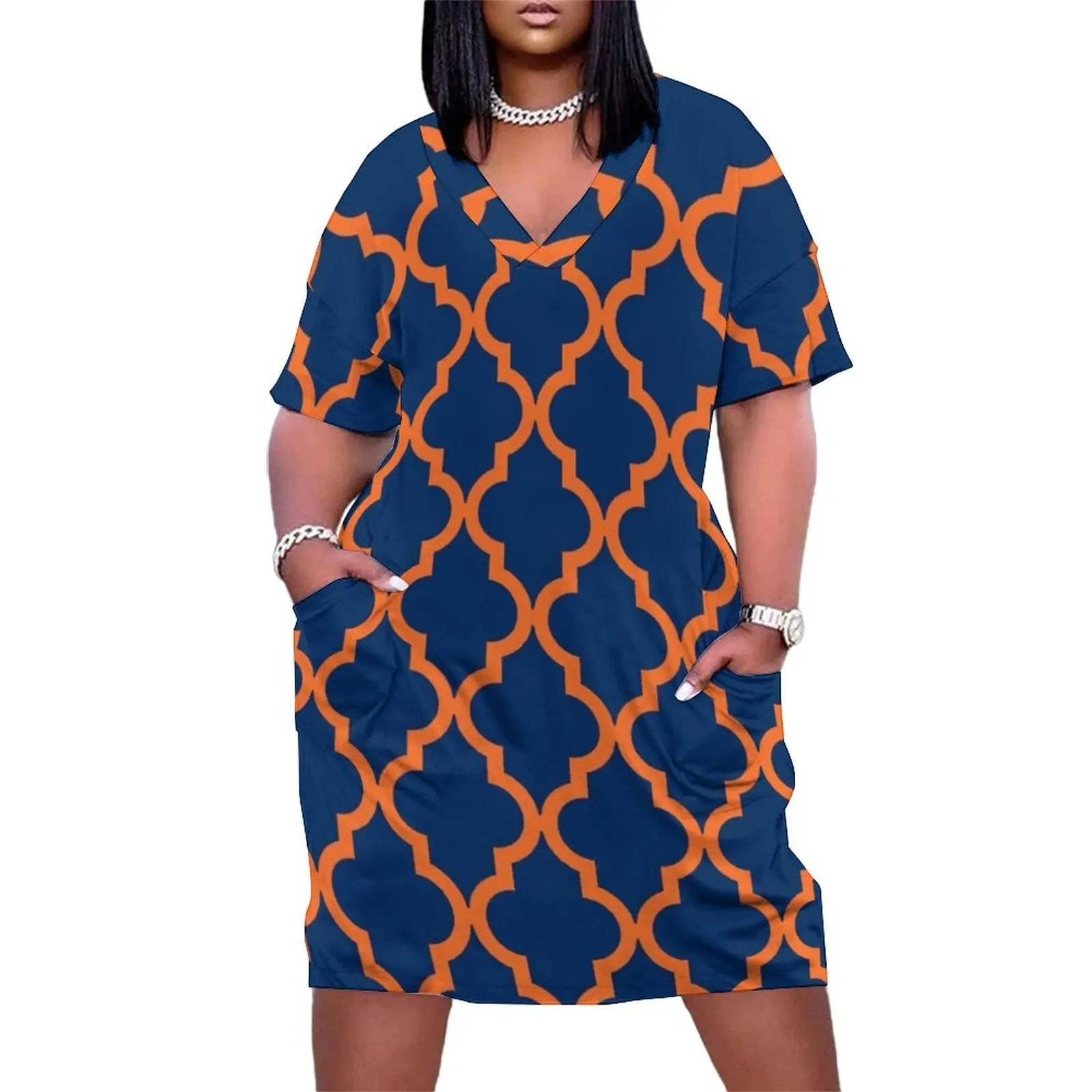 

Moroccan Pattern: Orange & Navy Blue Loose Pocket Dress Woman clothes evening dress women Woman clothing