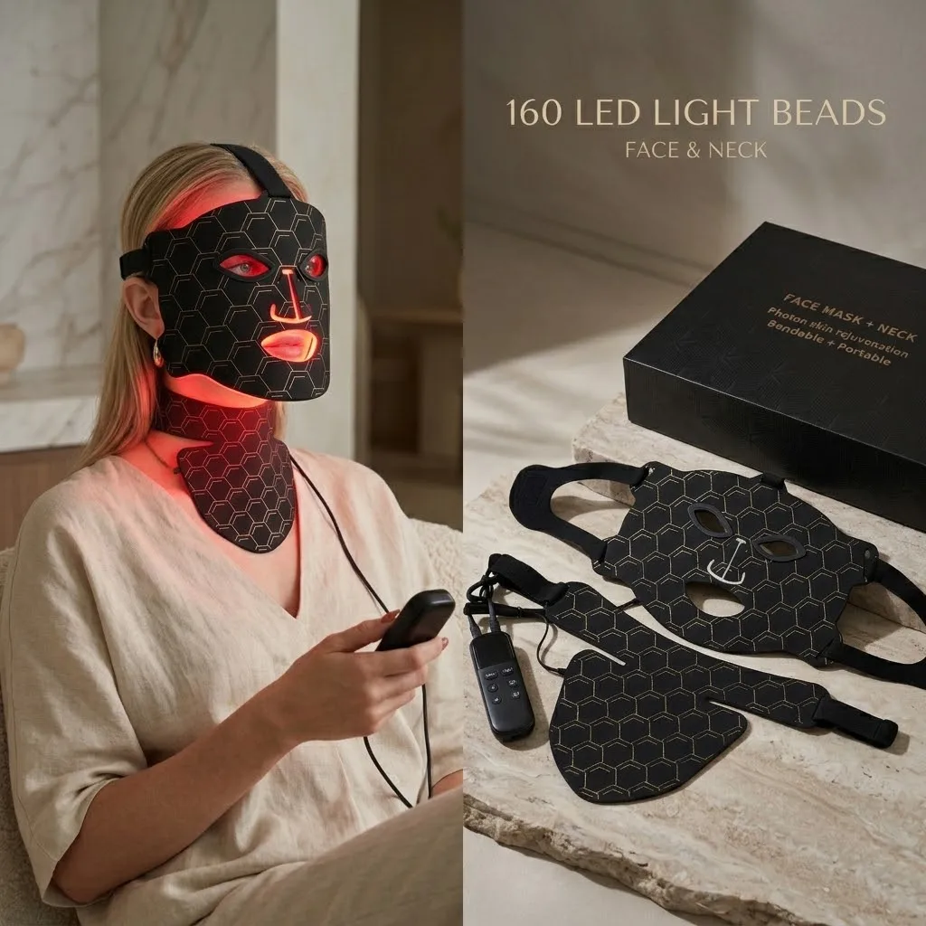 Kabelloses LED-Gesichts- und Halsmasken-Set, 160 LED-Perlen, 7 Farben, weiches Silikon, wiederaufladbares, leichtes Schönheitsgerät für das Gesicht, bequeme Passform, Heim-SPA-Hautpflegegerät für
