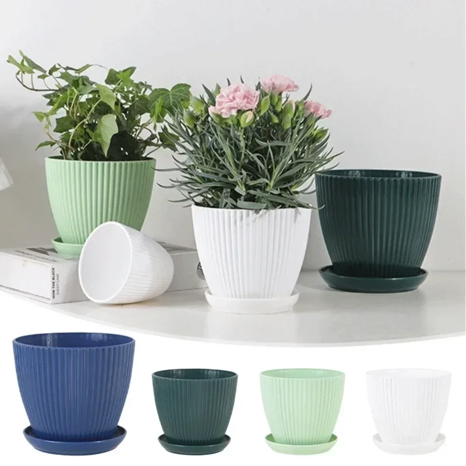 Plastic Flower Pot Succulent Potted Round Plants Pot Vertical Striped Planters with Tray Indoor  Office Desktop Decoration Groot