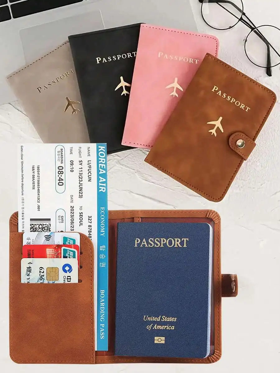 

Multi-Card PU Passport Holder - Snap Closure, Faux Leather Lining, Airplane Pattern Passport Case, Minimalist Travel Accessory