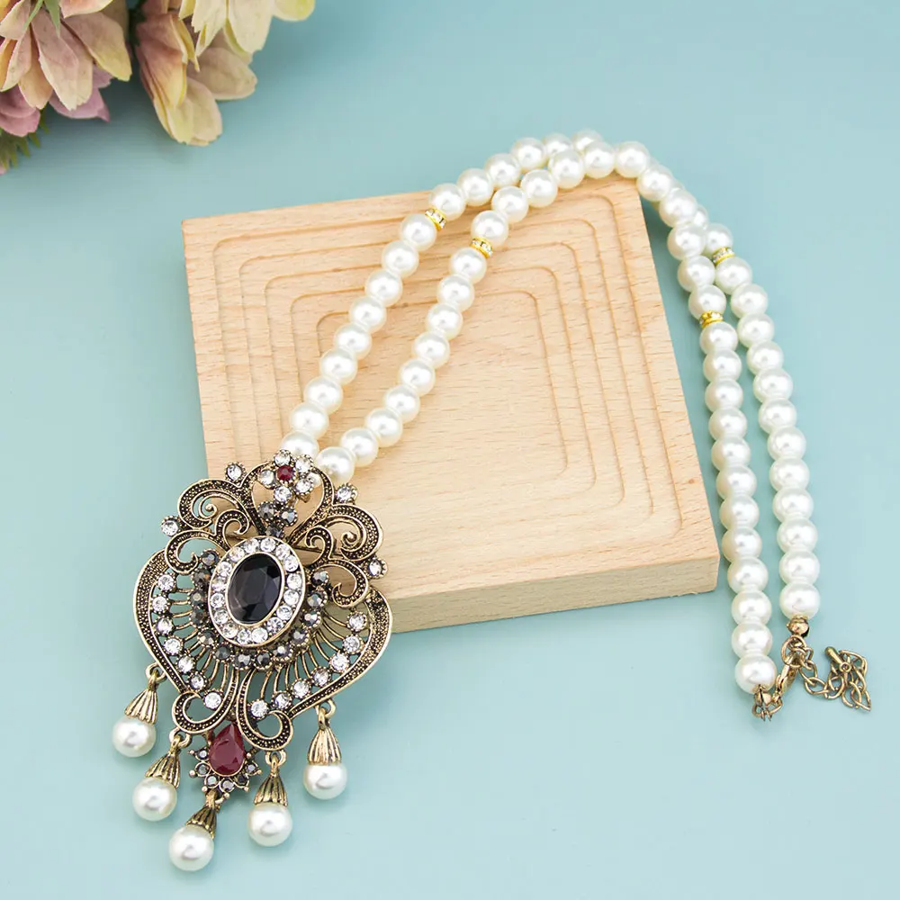 Vintage Flower Strand Bead Pendant Necklace Set Women Antique Simulated-pearl Chain Turkish Bridal Indian Wedding Resin Jewelry