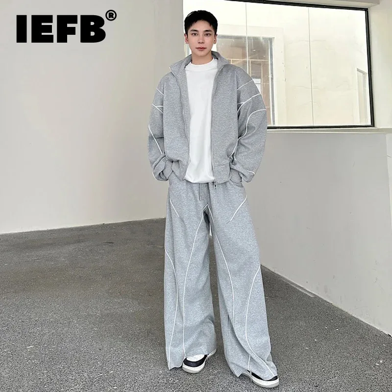 IEFB Korean Style Men\'\'s Two-piece Set Stand Collar Contrast Color Line Design Tops Drawstring Straight Leg Male Pants 9C8465