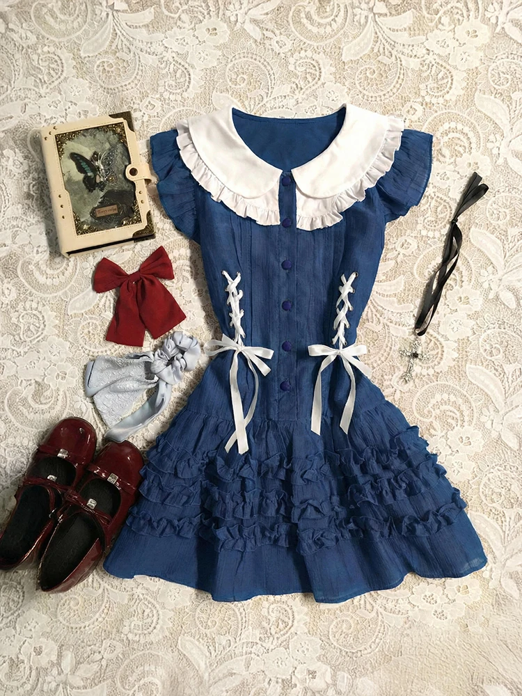 

Blue Vintage Doll Collar Dress Women's Summer Wood Grain Design Original BaoYao Girl Tie Waist A-Line Fairy Skirt