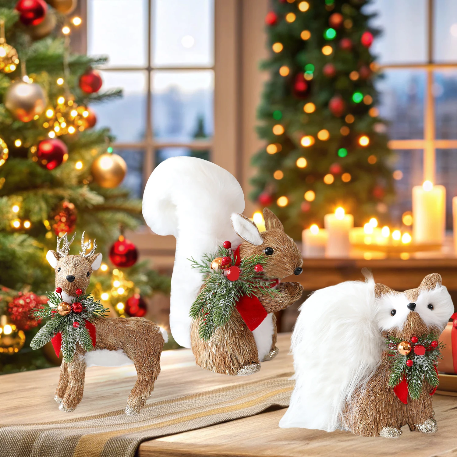 

1PC Straw Squirrel Elk Ornaments Fall Decor Small Christmas Squirrel Figurines Landscape Decoration Fall Theme Home Decor