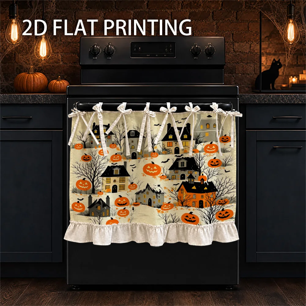 1PC kitchen stove curtain, cabinet curtain and apron. Featuring a 2D graphic design featuring holiday motifs of spooky houses, b
