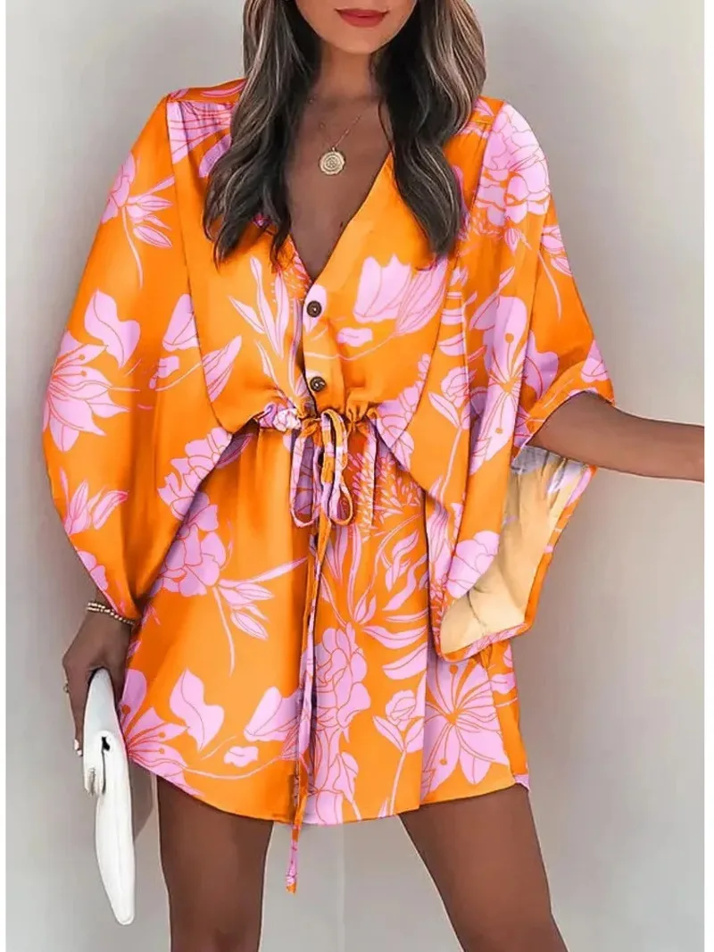 Sommer Kleid Für Frauen Neue Floral Print Fledermaus Halbe Hülse V-ausschnitt Rüschen Unregelmäßigen Saum Weibliche Kleid Casual Boho Frauen kleidung NS8Q