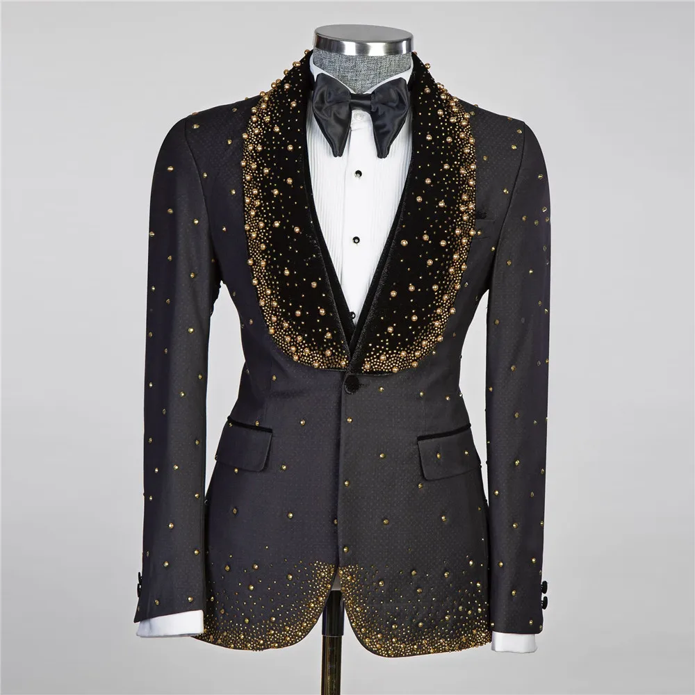 Elegance Groom Wedding Suits Formal Party Black Velvet Gold Beaded Lapel Prom Blazer Men's Tuxedos Customized Costume Homme 2025