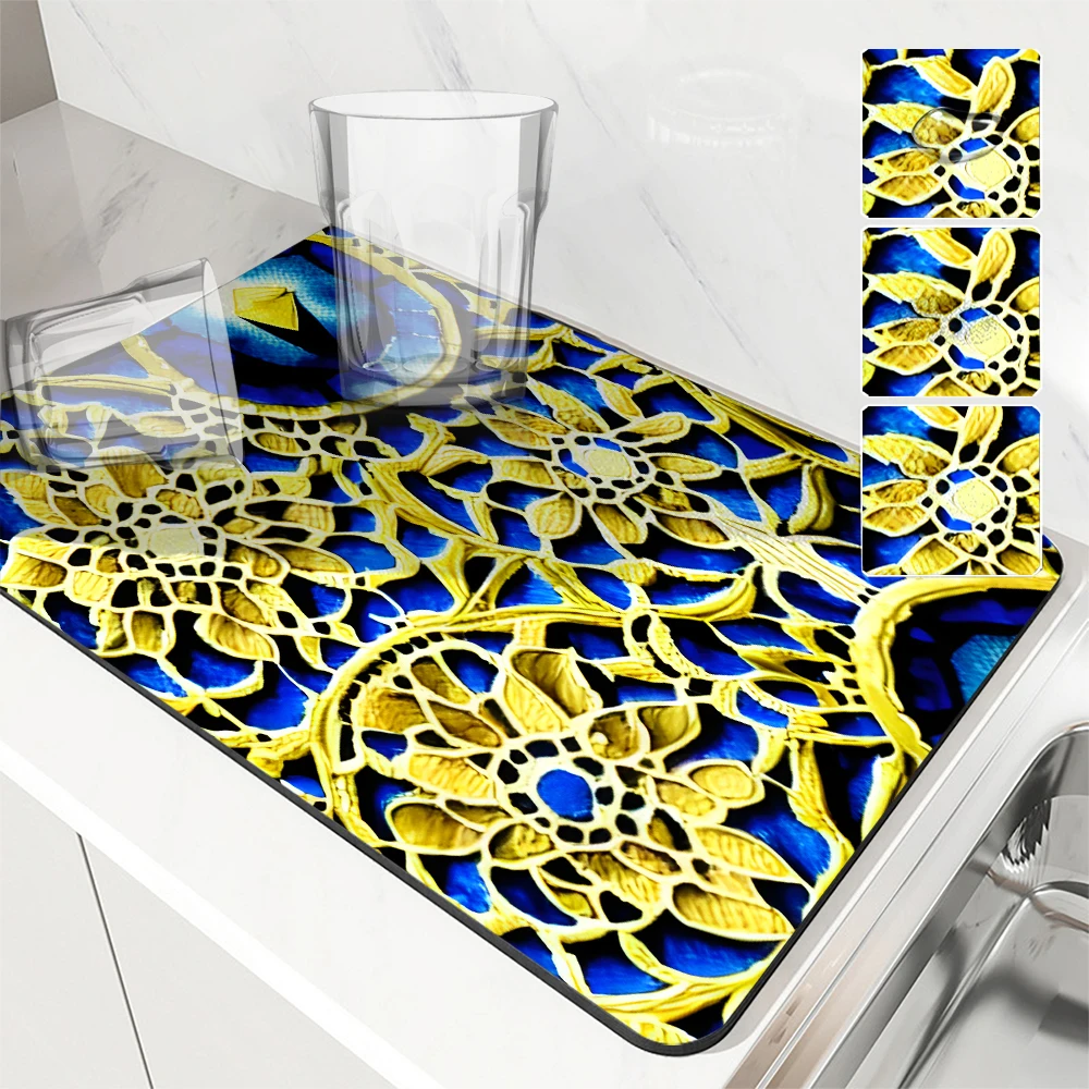 

Absorbent Anti-slip Coffee Dish Mats Watercolor Large Kitchen Absorbent Draining Mat Drying Mat Quick Dry Bathroom Drain Pad