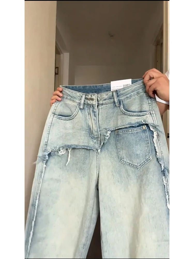 Retro High Street Wide Leg Denim Jeans Women's Spring Autumn Frayed Large Size Loose Straight High Waist Floor-Length Pants