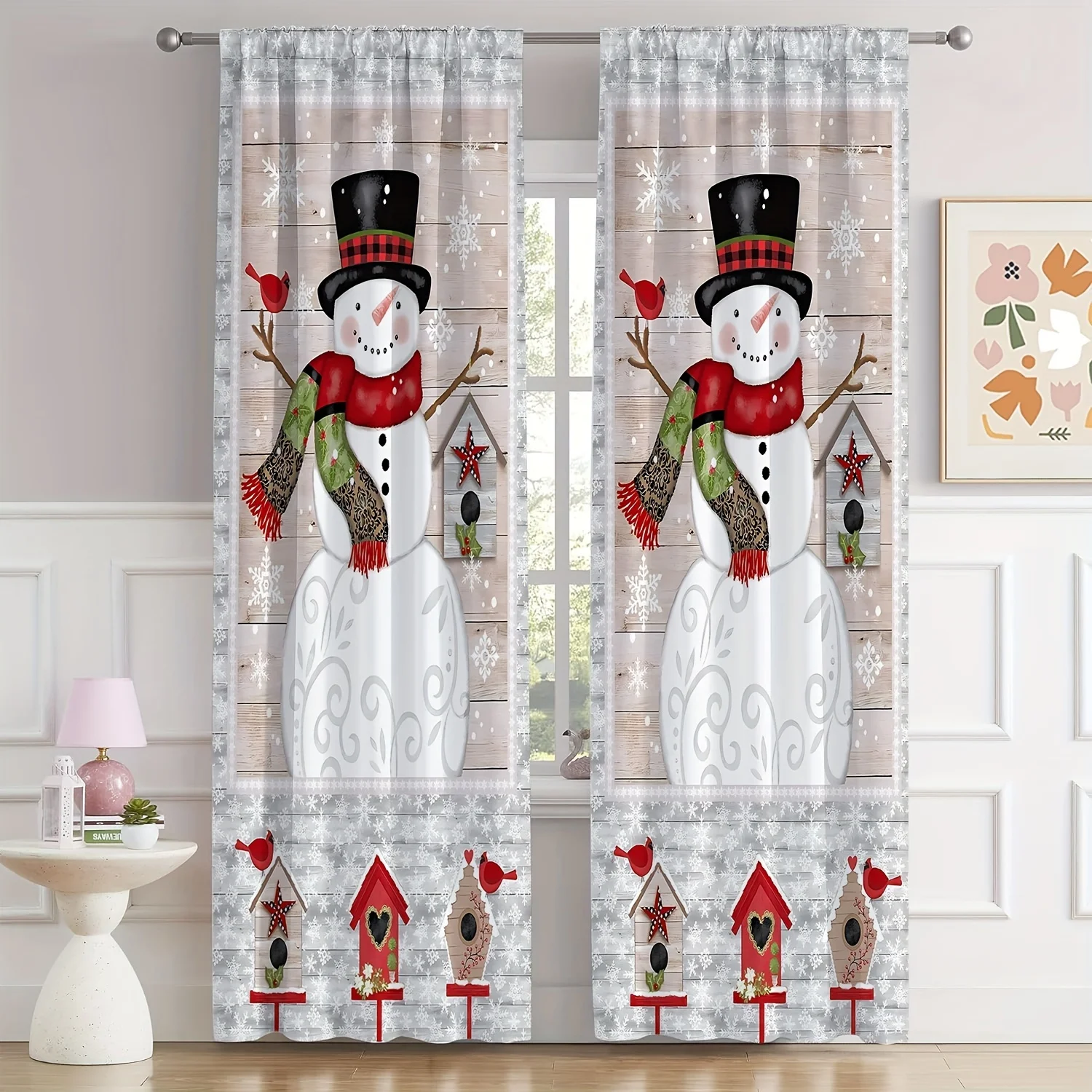 2pcs Santa Claus and Christmas Themed Snowman & Gift Ornament Style Print Curtains Drapes for Bedroom and Living Room Decor