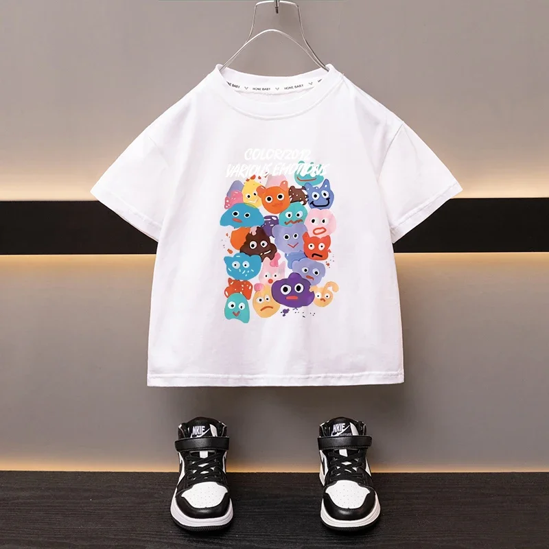 100% Cotton Children's T-shirt Girls' Round Neck Black Tees Japan Cartoon Cute Cat Boys Top High Quality Printed Clothing 2024