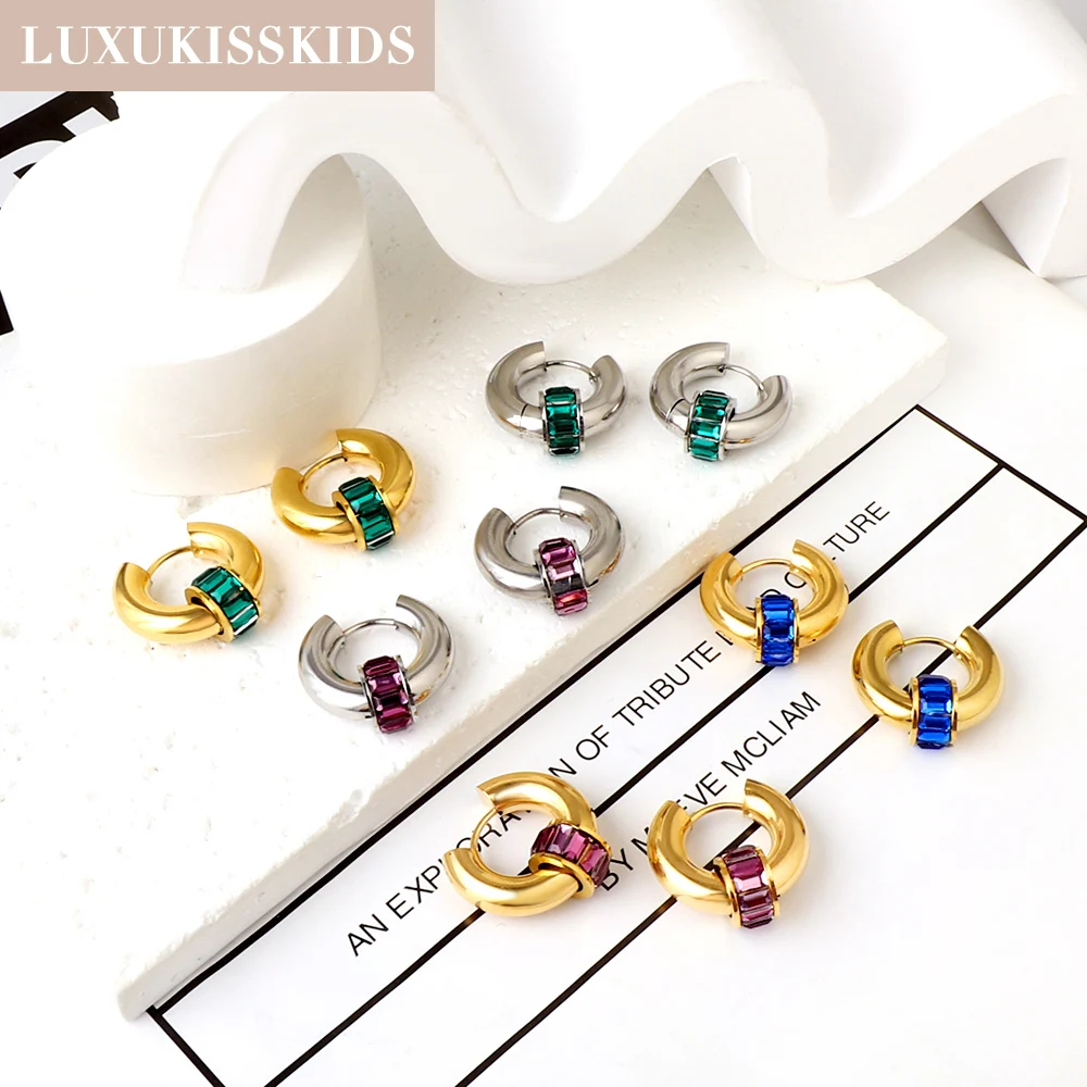 

LUXUKISSKIDS Aretes Retro Luxury Women Hoop Earrings Exquisite Stone Purple/Blue Cubic Zirconia Round Ear Clips Fine Accessories