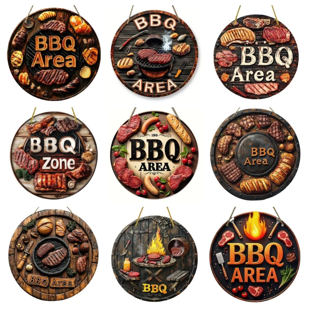 2D Retro Barbecue Area Circular Wooden Sign, Suitable for Home, Kitchen, Bar, Caf É, Porch, Party Decoration, Holiday Gifts