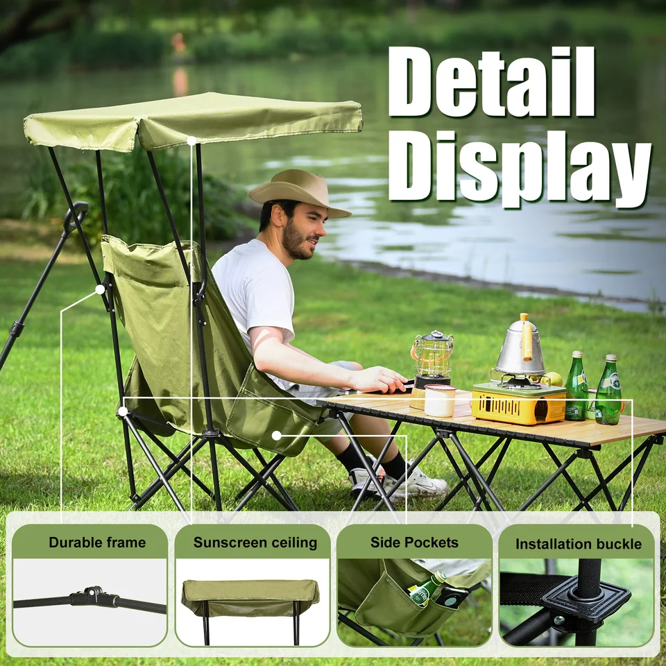 YOUNG WOOD Portable Camping Chair Beach Chair with Shade Canopy