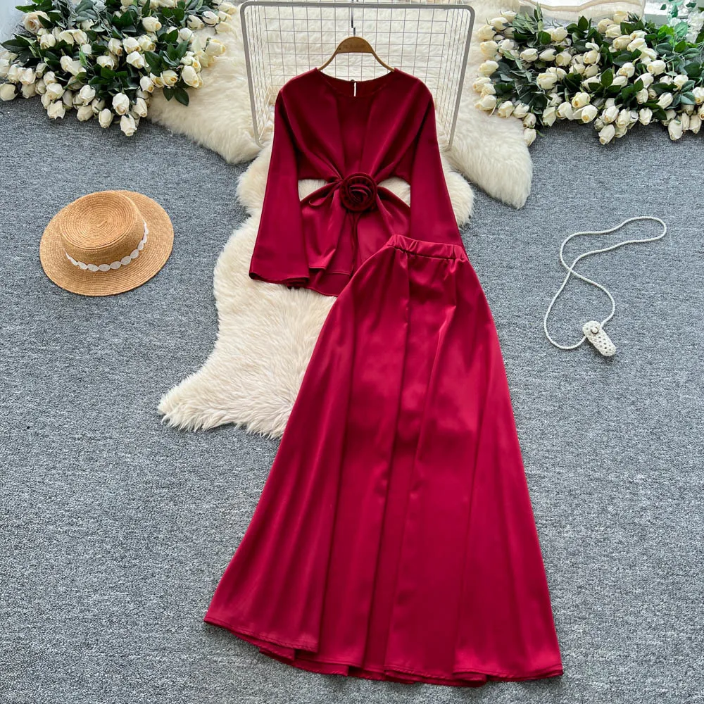 Женские комплекты из двух предметов Юбка Комплект с круглым вырезом и длинными рукавами Топы Длинные юбки A Line Высокая талия Y2k Уличная одежда Элегантная работа Осень