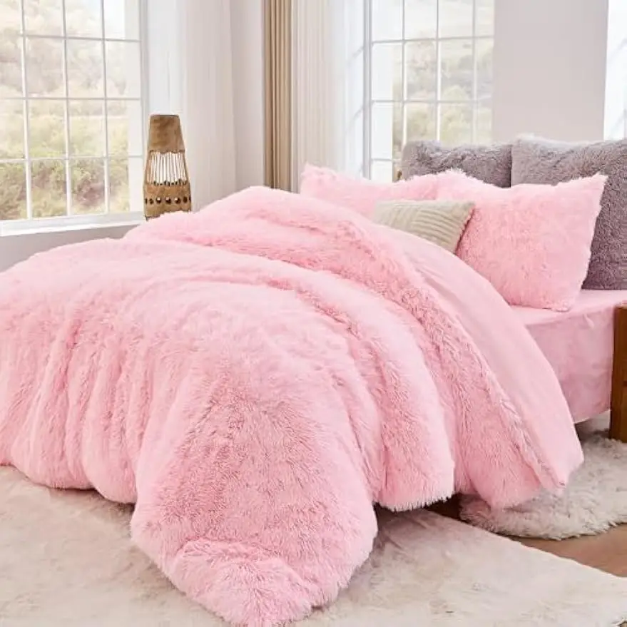 

3-Piece Fluffy Duvet Cover Set, Ultra Soft Faux Fur and Velvet Pink, Winter Bedding with Pillowcases