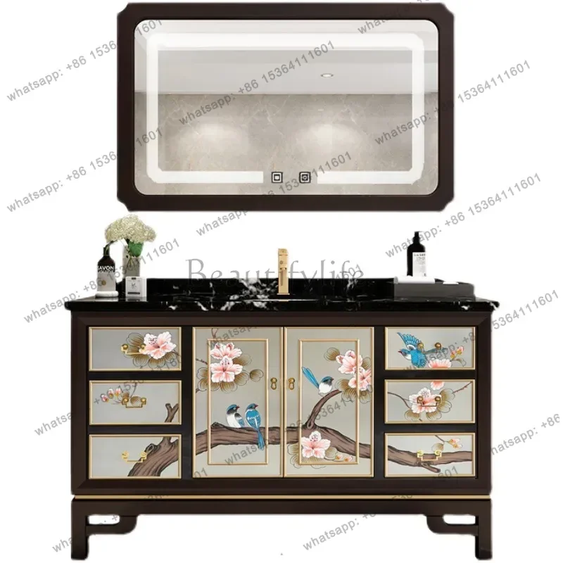 

Slate new Chinese bathroom cabinet combination painted hand-painted flower and bird cabinet floor-standing washbasin