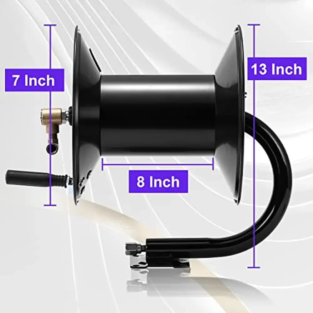 Carretel de mangueira para lavadora de pressão de aço resistente, manivela de 150 pés, 4000 psi, carretel de lavadora elétrica de grau industrial, mangueira de 3/8" montável