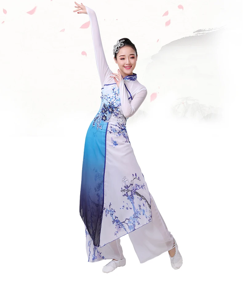 Klassieke Danseres Blauw En Wit Porselein Chinese Fan Dance Kite Fout Inkt Solo Pak