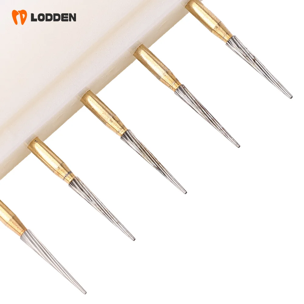 

LODDEN 5pcs Dental Tungsten Carbige Burs 8-12 Blades 7714 Flat End Taper Triming & Finishing Gold TC Drills Dentistry Tools