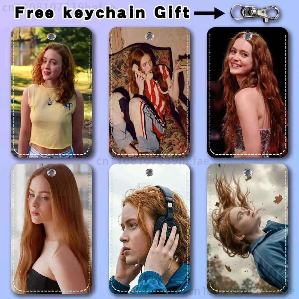 Max Actress S-Sadie Sink Rectangle Card Case Keychain Access Card Bag Key Tag Ring Leather Card Holder Key Ring Access