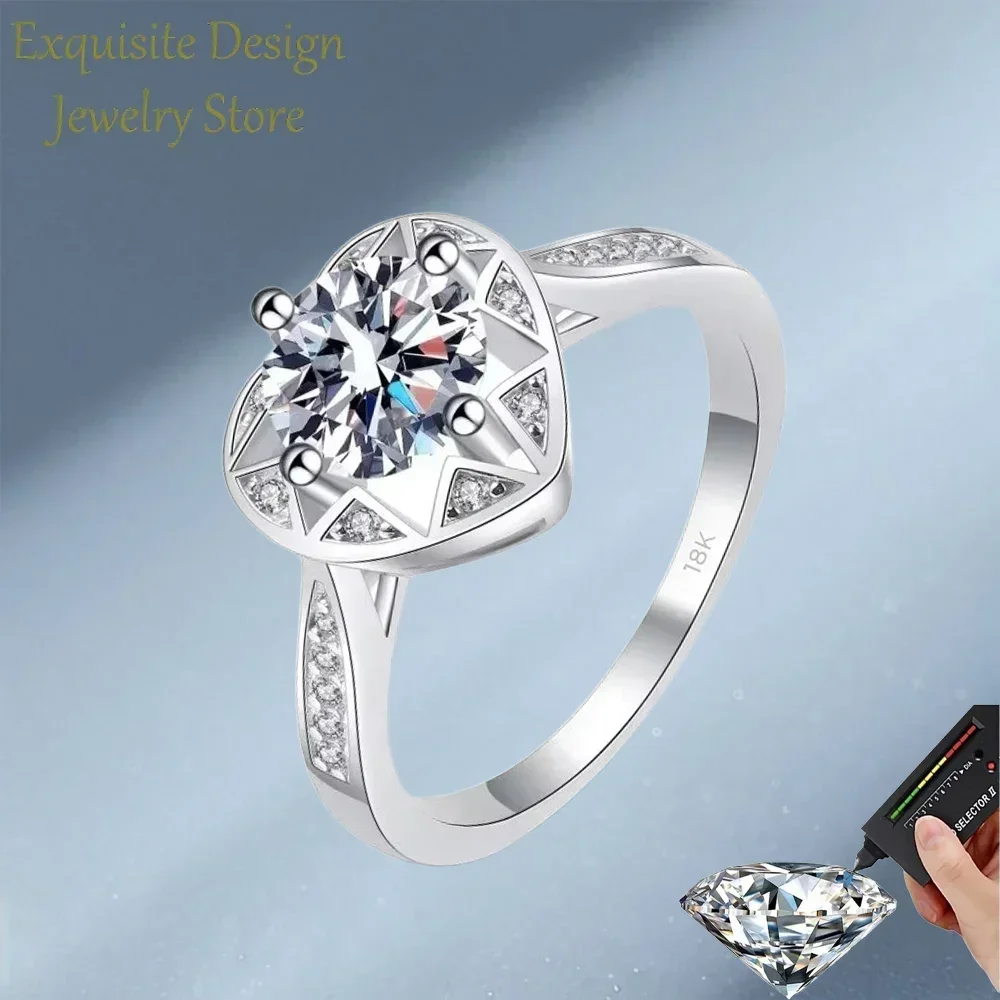 VVS1 1Carat Round Sparkling Moissanite Diamond Love Wedding Rings, Fine Jewelry Star's Wish 18K White Gold Ring  for Women