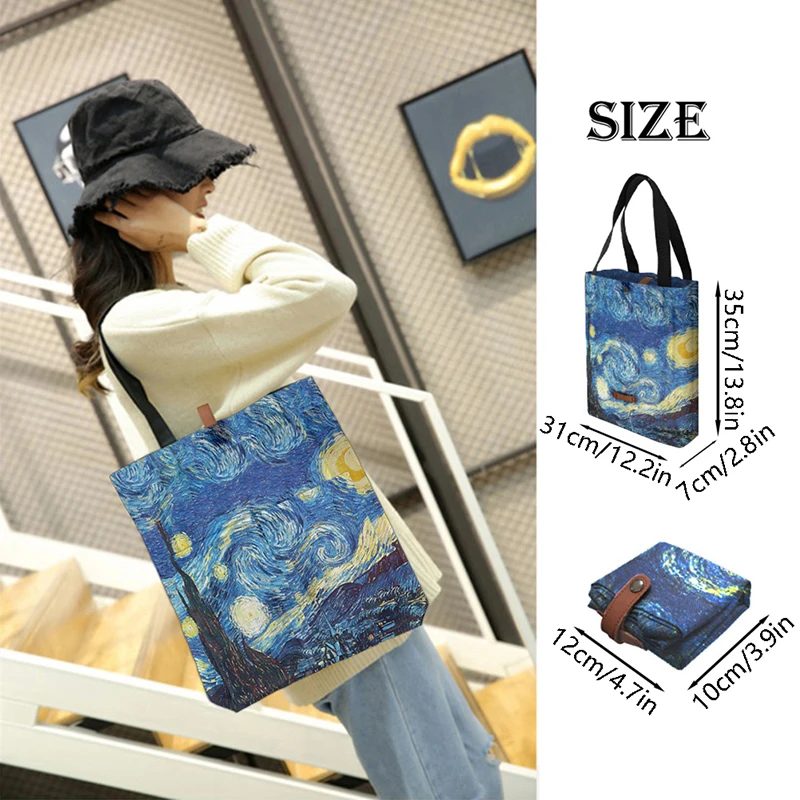 1pc Polyester Oil Painting Van Gogh Print Tote Bags Reusable Shopping Bag For Groceries Shoulder Bags Home Storage Bag