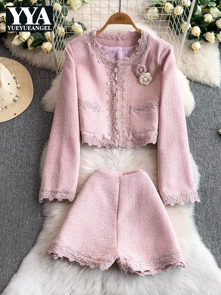 Women O-Neck Short Tweed Jacket Sets Lace Spliced Appliques Outerwear Matching Set Work Ladies Above Knee Length Shorts Outfits