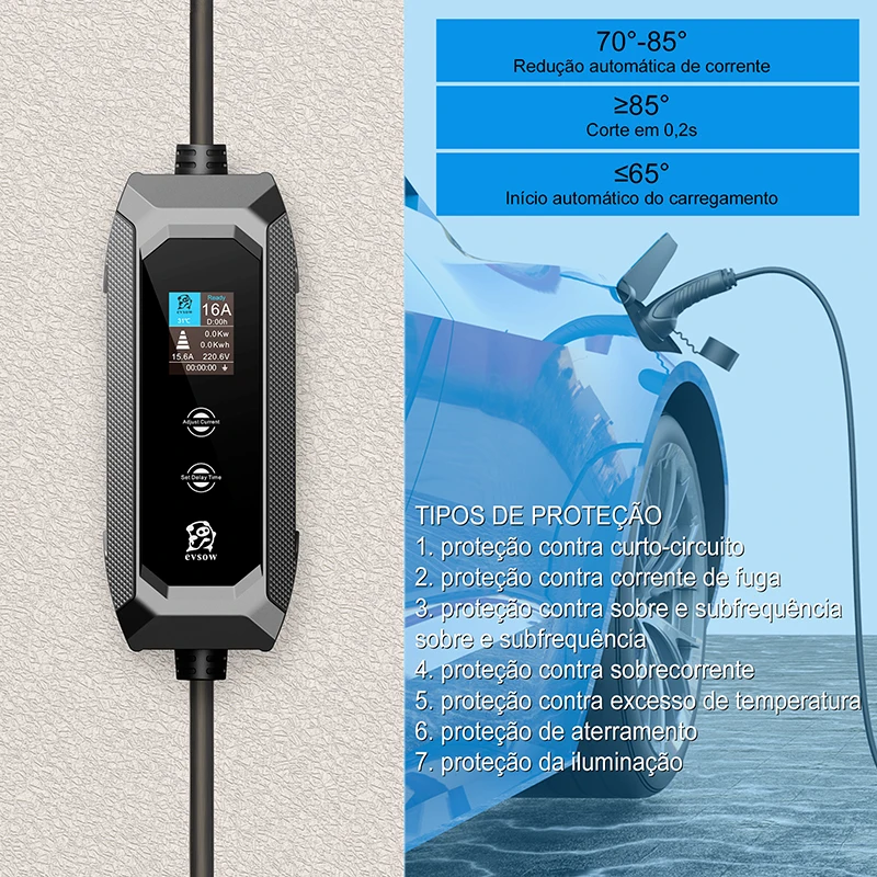 evsow Carregador EV Tipo 2 Carregador 3.5KW 16A Carregador de carro elétrico com ficha padrão brasileira 10A 20A Wallbox EVSE 5M