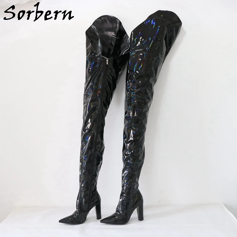 Sorbern Black Holographic Crotch Boots Unisex 90Cm Inside 125Cm Outside Extreme Long Block Heel Pointed Toe Shoes Crossdresser