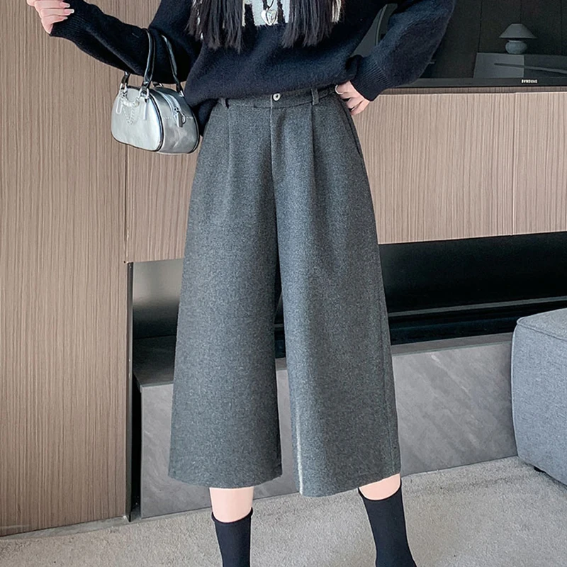 

Solid Color Versatile Woolen Calf Length Pants Women's Clothing Autumn Winter 2024 New Thick Slim Commuting Wide Leg Casual Pant