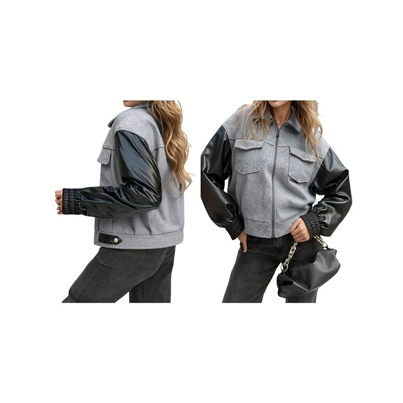Women Cropped Jacket Button Down Varsity Jackets Shackets With Pockets Light Gray S