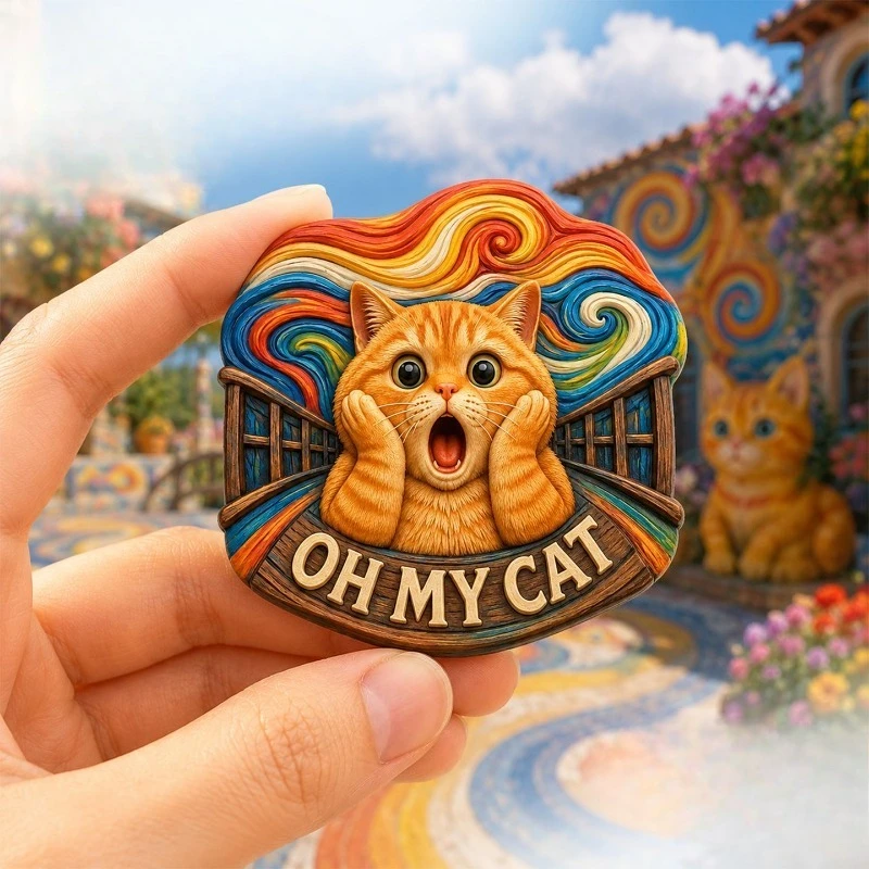 Starry Surprised Cat Fridge Magnet - Whimsical 3D Night Sky Souvenir Unique Cute Gift for Travel & Cosmic Home Decor