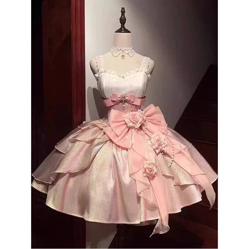

Pink Princess Ball Gown Lolita Skirt Evening Dr Women's Student Birthday Host Rose Heart Bow Pearl Chain Ceremony Celebration
