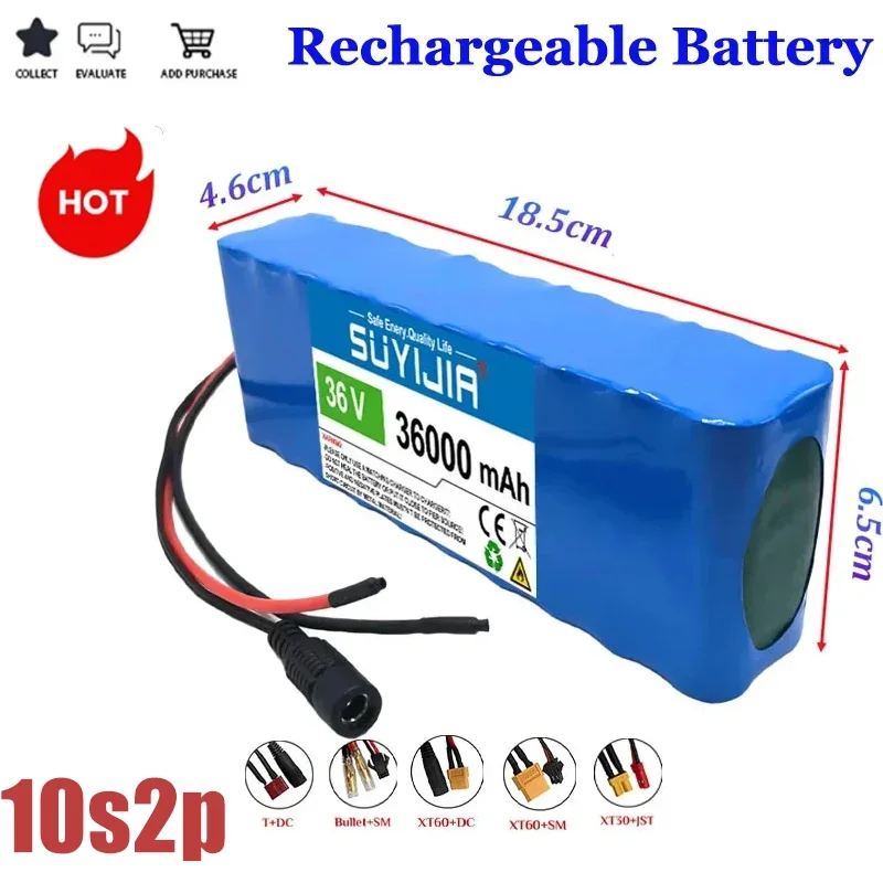 18650 36000mAh 36V Rechargeable Li-ion Battery Pack 10S2P for Electric Bicycle Scooter Wheel Chair Built-in BMS + 42V 2A Charger