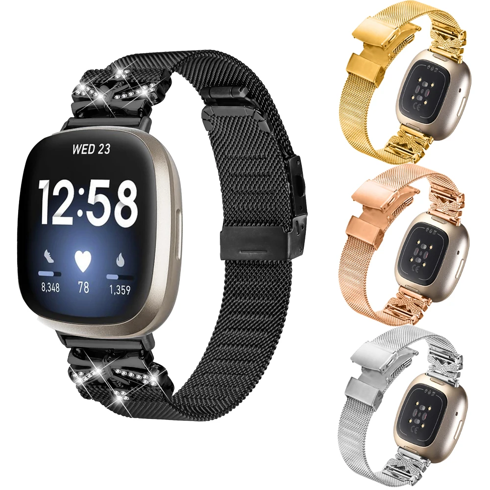 เพชรมิลานสายนาฬิกาสแตนเลสสําหรับ Fitbit Sense Versa 4 สายรัดข้อมือสร้อยข้อมือโลหะ SmartWatch Band Fitbit Versa 3 Sense2
