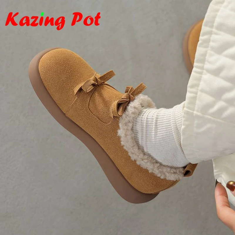 Krazing Pot Flock Low Heels Shoes Round Toe Modern Snow Boots Platform Slip On Keep Warm Fur Butterfly-knoted Winter Cozy Flats