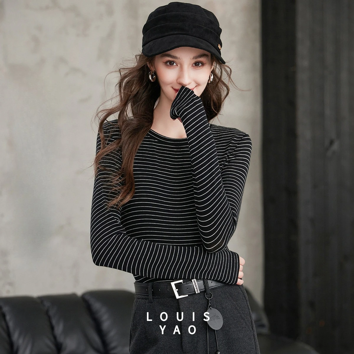 

LOUISYAO Lyocel Fabric Striped Long-sleeved Tees 2025 Autumn/Winter Contrast Colours Tops Outerwear Women's T-shirts