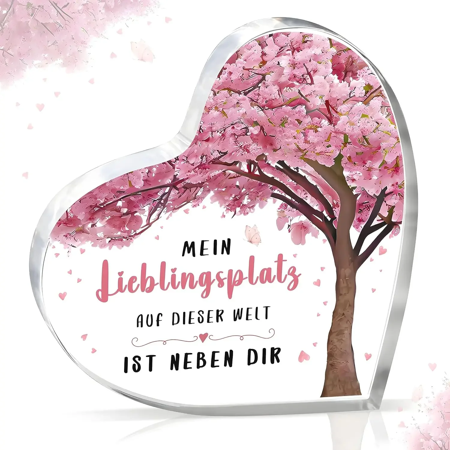 Heart‑Shaped Acrylic Plaque German Love Quote Pink Cherry Blossom Freestanding Romantic Couple Keepsake Gift，Pink Cherry Blossom German Love Theme Heart‑Shape Acrylic Sign Couple Desk Ornament