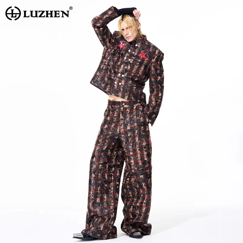 

LUZHEN 2025 Autumn Winter New Checked Printed Straight Trousers Men's Original Trendy Handsome Shoulder Pad Male Clothes JY4866