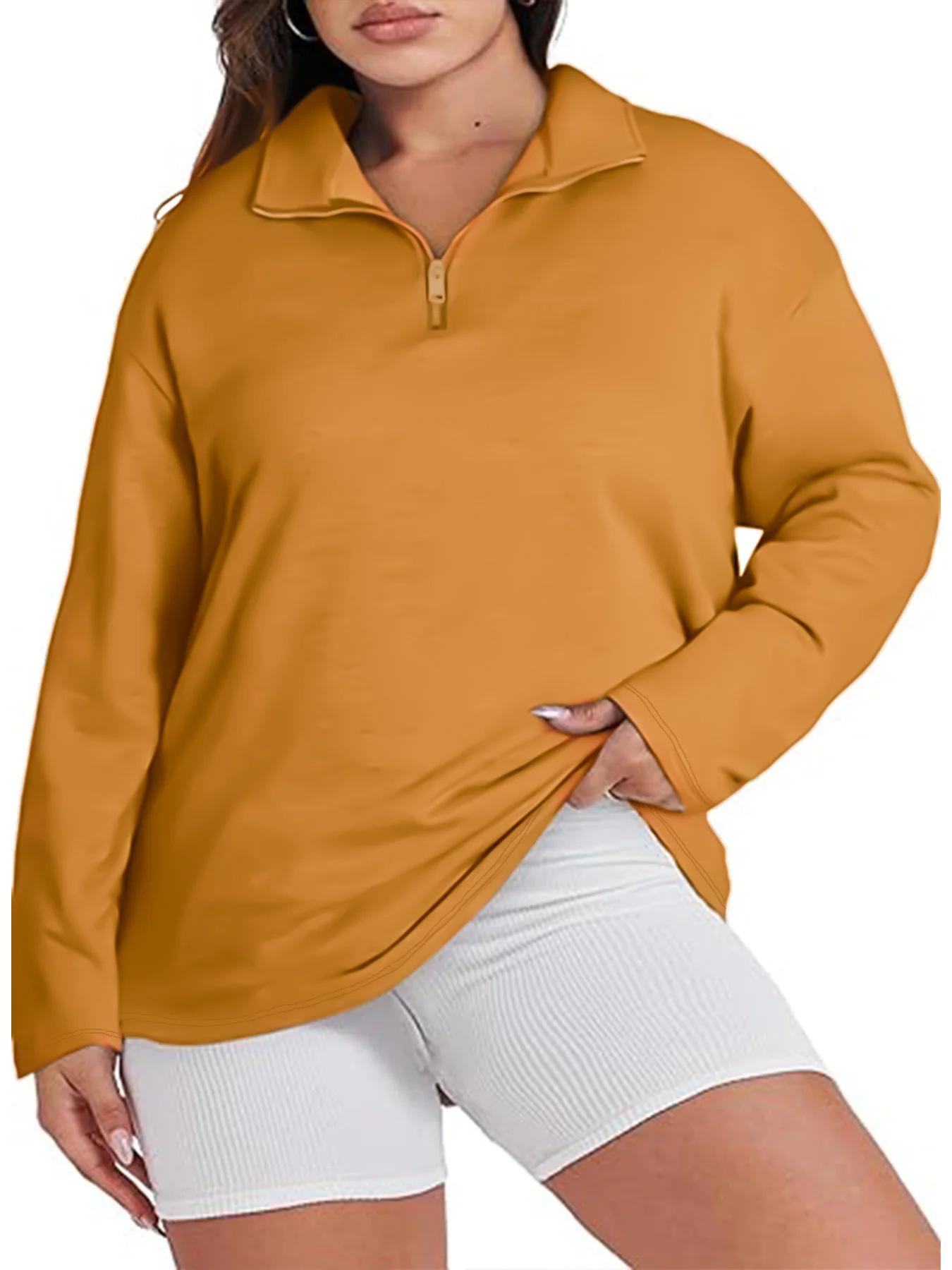 

Ярко-желтый топ больших размеров с воротником на молнии, женский пуловер большого размера с длинными рукавами, рубашка в уличном стиле, бесплатная доставка