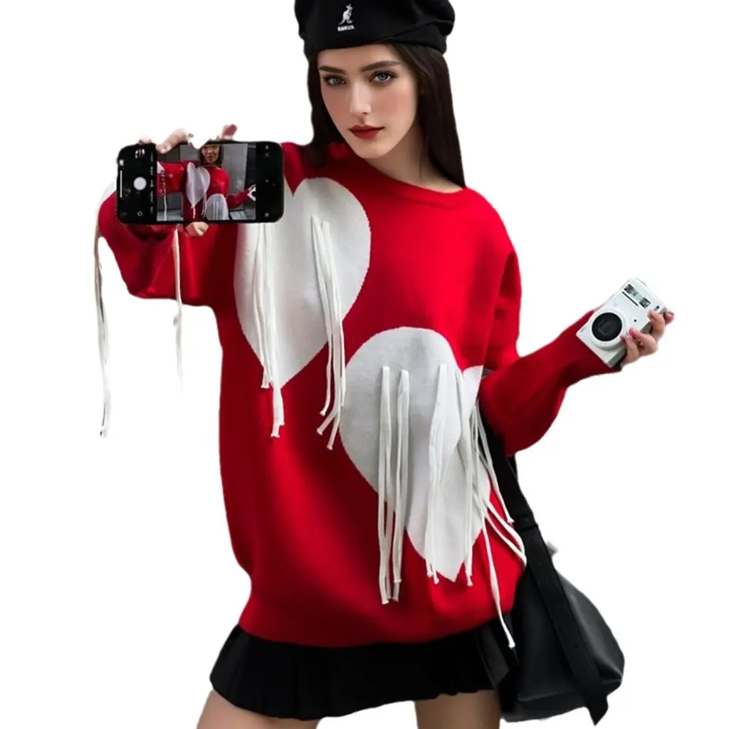

Women's round Neck Tassel Sweater Fashion Pullover Knitted Top for Autumn Winter European American Style