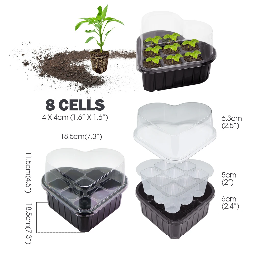 Eco-Friendly Heart Shaped Seed Starter Kit 8-Cavity Seedling Tray with Drain Holes Clear Lid for Flower Vegetable Herb Growth