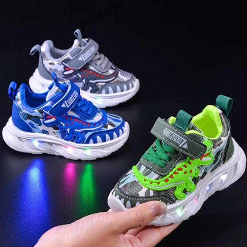 Children's LED lighting shoes spring 2025 new boy casual shoe anti slip boys' sports shoe dinosaur boy shoes fashion kids shoes