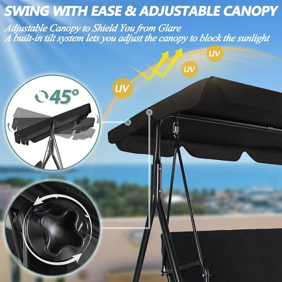 كرسي أرجوحة للشرفة بثلاثة مقاعد كرسي أرجوحة للفناء الخارجي مع مظلة قابلة للتعديل للبالغين أرجوحة الشرفة مع فولاذ مقاوم للطقس Fr #4